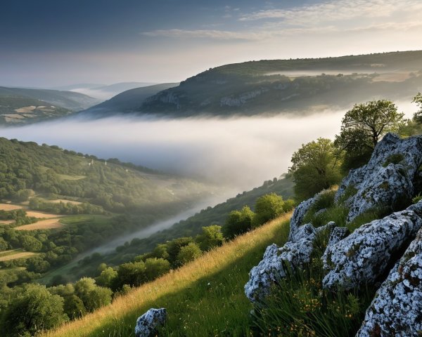 Serene Landscape with Rolling Hills and Mist
