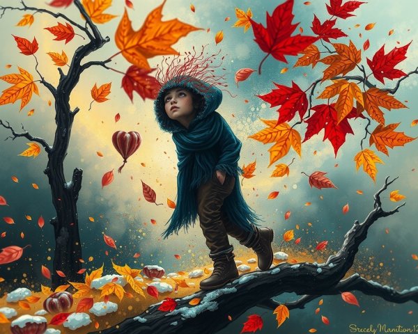 Child on Tree Branch Surrounded by Autumn Leaves