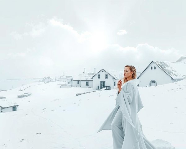Serene Winter Landscape with Woman in Blue Robe