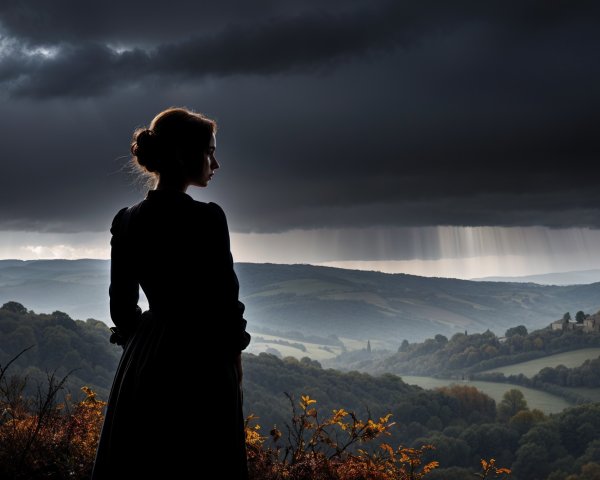 Silhouetted Woman Against Dramatic Sky and Landscape