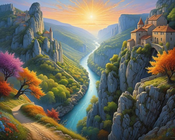 Serene Landscape with Winding River and Cliffs