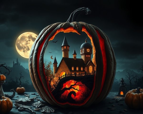Carved Pumpkin with Haunted Castle and Spooky Scene