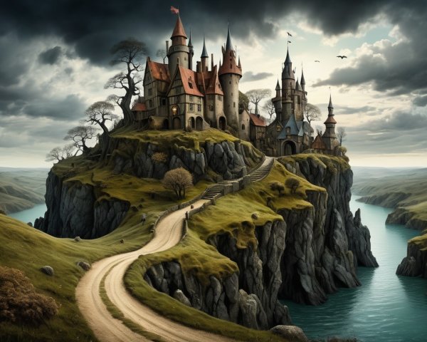 Majestic castle on a cliff with dramatic landscapes