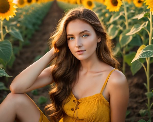 Young Woman in Yellow Dress Among Sunflowers