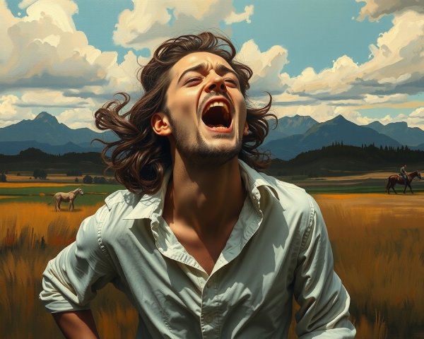 Young man in golden meadow with mountains and horses