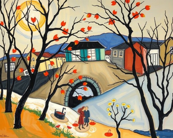 Vibrant Stylized Landscape with River and Colorful Homes