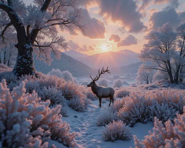 Majestic Deer in Serene Winter Landscape at Sunrise