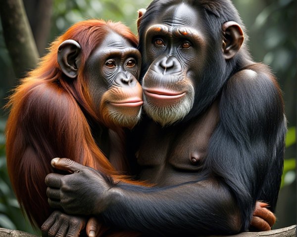 Chimpanzees on a branch in a lush forest setting