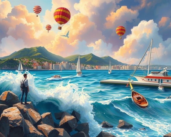 Coastal Scene with Man, Hot Air Balloons, and Sailboats