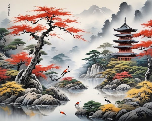 Serene Landscape with Pagoda and Autumn Foliage