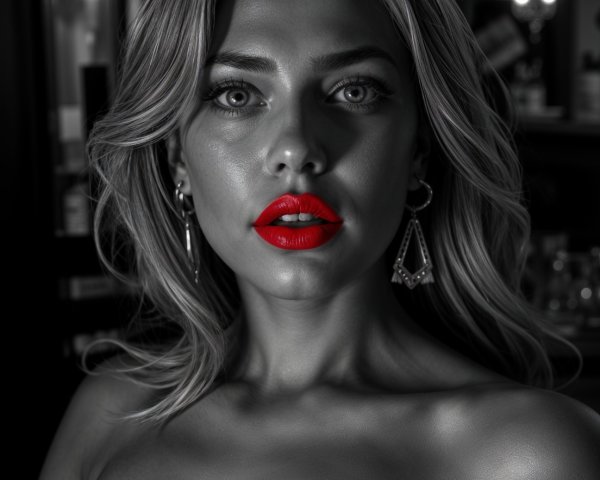 Vibrant Red Lips and Blonde Hair in Black and White Setting