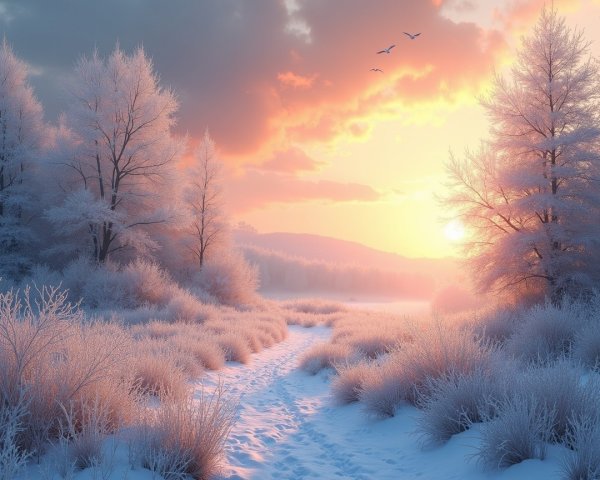 Serene Winter Landscape at Dawn with Frosted Trees