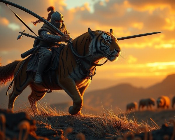 Warrior on Tiger Against Sunset with Grazing Sheep