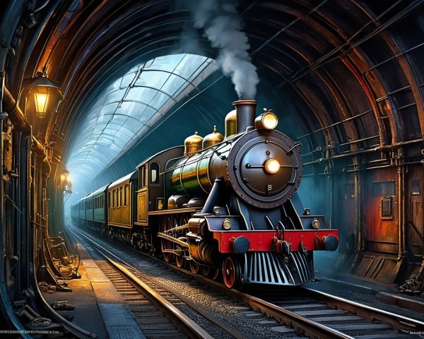 Vintage steam locomotive exits dark tunnel with smoke