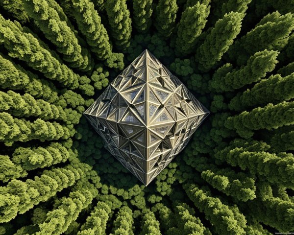 Aerial View of Geometric Pyramid Structure in Forest