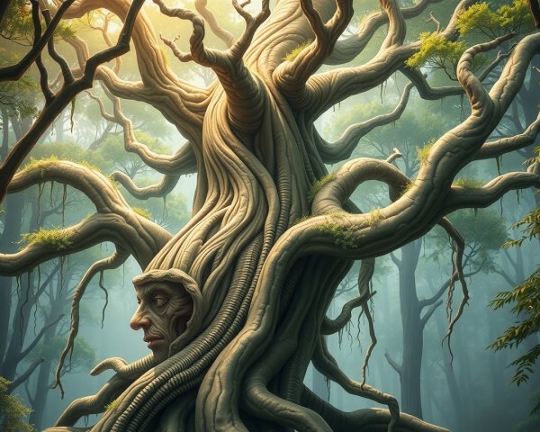 Majestic Tree with Twisted Trunk and Human Face