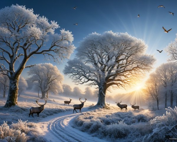 Serene winter landscape with snow-covered trees and deer