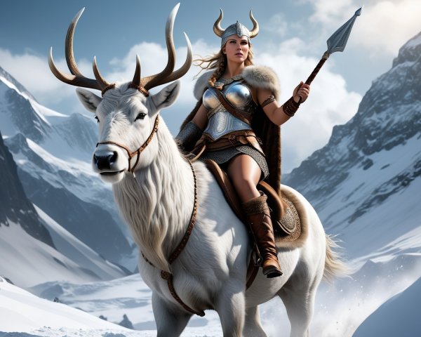 Warrior Woman on White Elk in Snowy Landscape