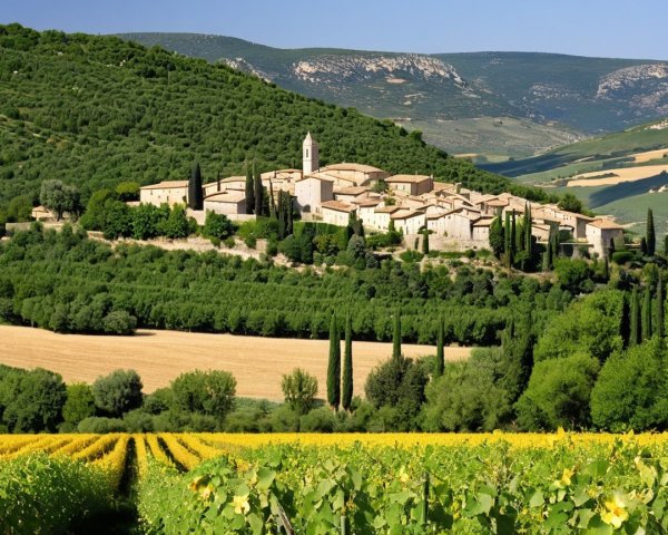 Hillside Village Surrounded by Lush Greenery and Vineyards