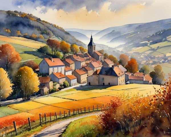 Picturesque Village in Rolling Hills with Autumn Foliage