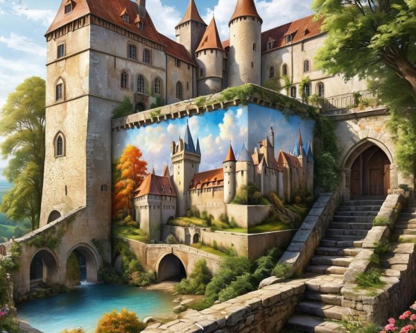 Whimsical castle surrounded by lush greenery and murals