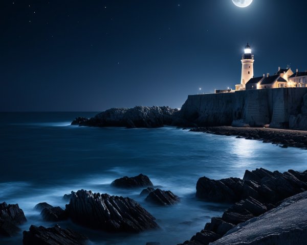 Lighthouse on Rocky Coastline Under Full Moonlight