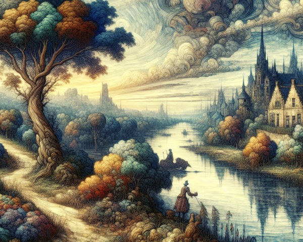 Whimsical Landscape with River and Cityscape