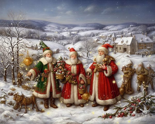 Three Santas in a Winter Wonderland Oil Painting