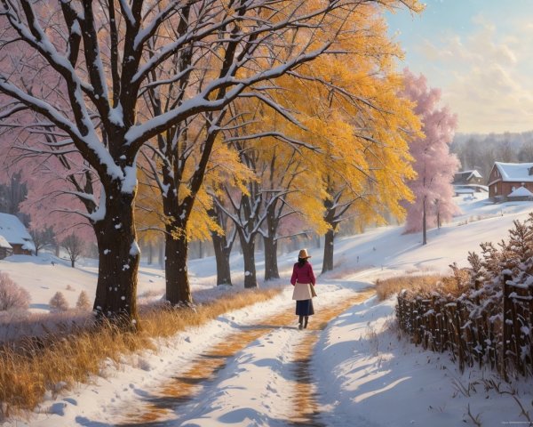 Serene winter scene with snow-covered path and trees