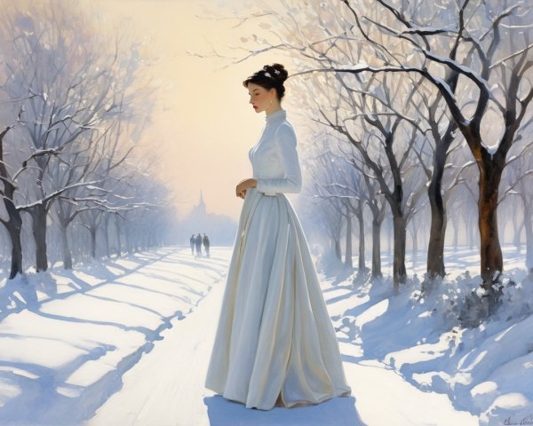 Woman in White Dress on Snowy Path with Trees