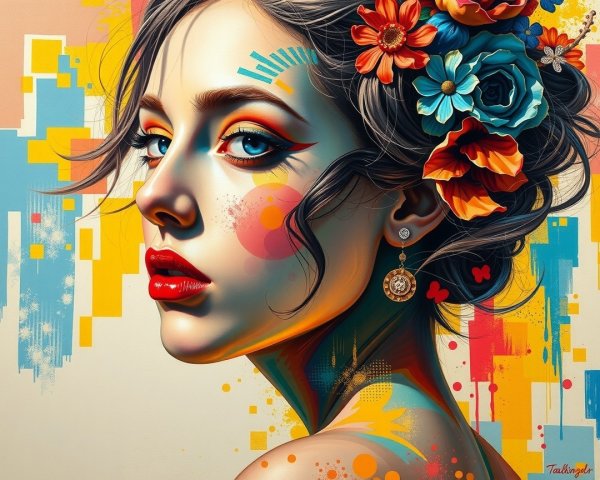Vibrant Portrait of a Woman with Bold Makeup and Flowers