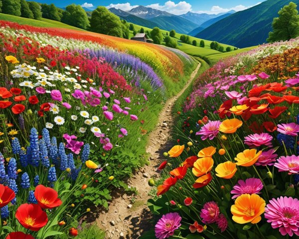 Vibrant Landscape with Colorful Flower Fields and Hills