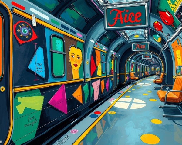 Vibrant Subway Interior with Colorful Murals and Seats