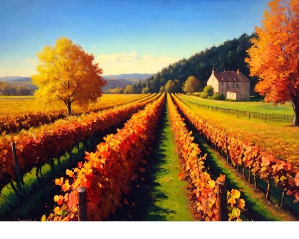 Autumn Vineyard Landscape with Farmhouse and Hills
