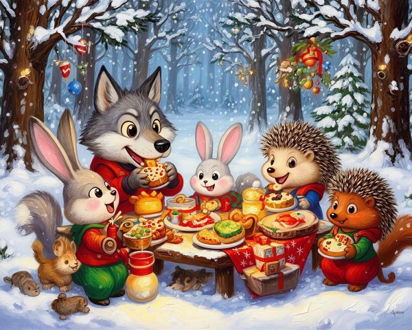 Friendly Forest Animals Celebrating Winter Feast