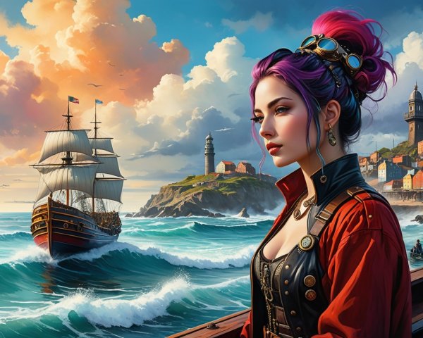 Woman in Vintage Pirate Outfit by Ocean Cliff