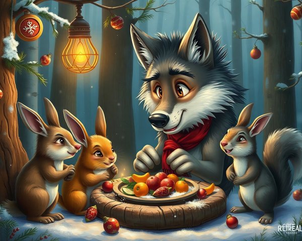 Cartoon Animals in a Snowy Forest at Dusk