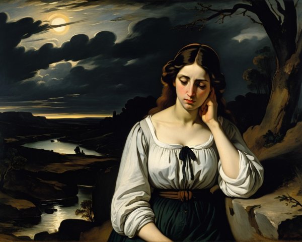 Melancholic Woman by Riverside Under Dramatic Sky