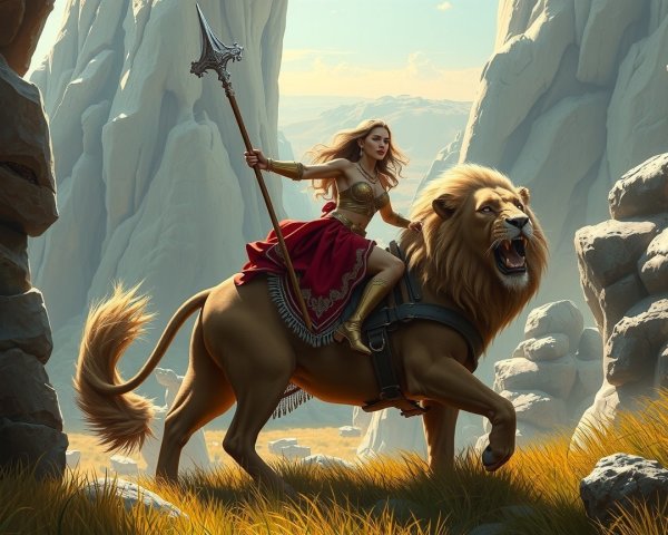 Warrior Woman on Lion in Rugged Landscape