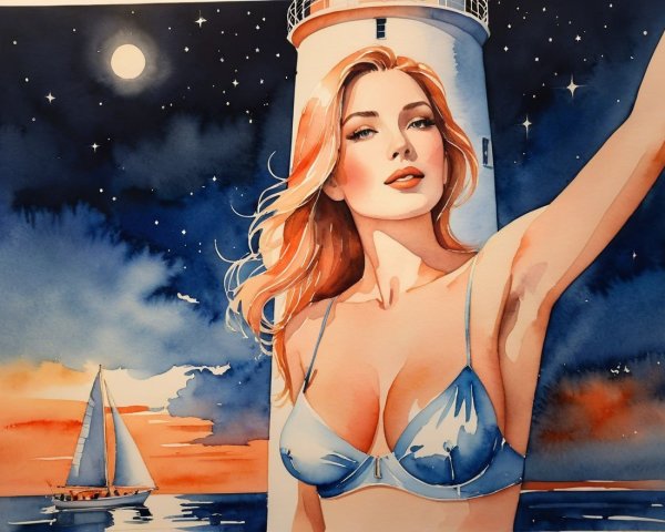 Watercolor of Woman by Lighthouse Under Starry Sky