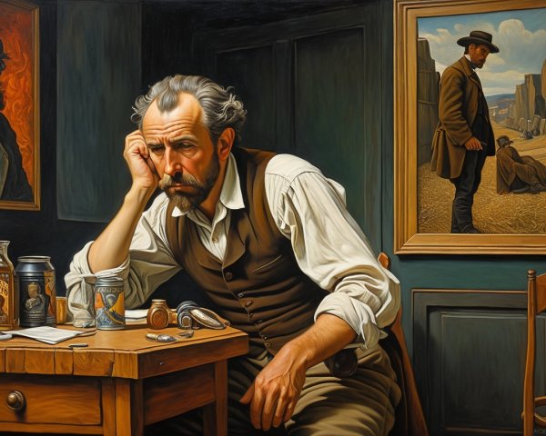 Contemplative Man in Decorated Room with Paintings
