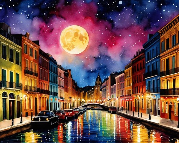Vibrant Night Canal Scene with Colorful Reflections