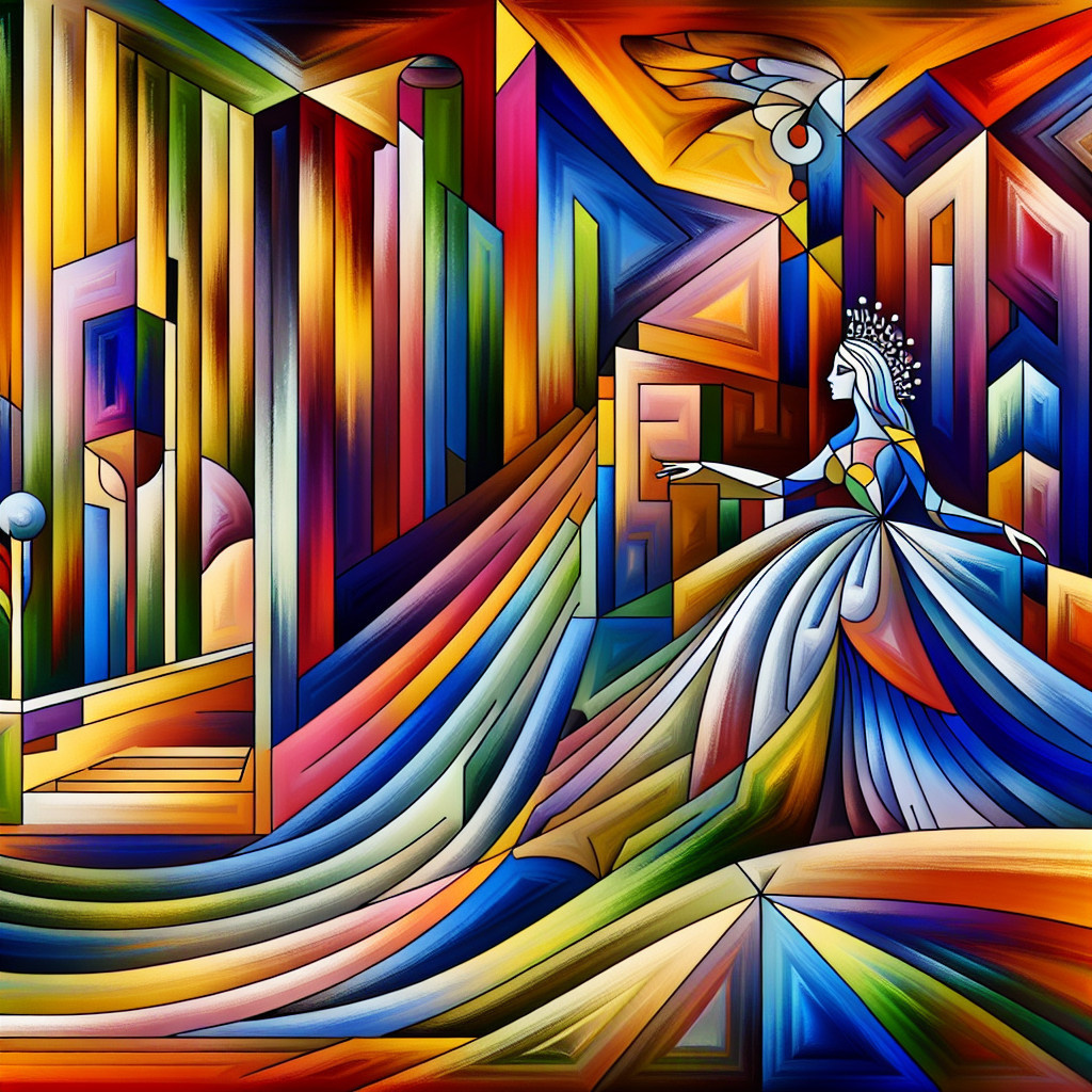 Abstract Figure in Flowing Gown with Geometric Shapes