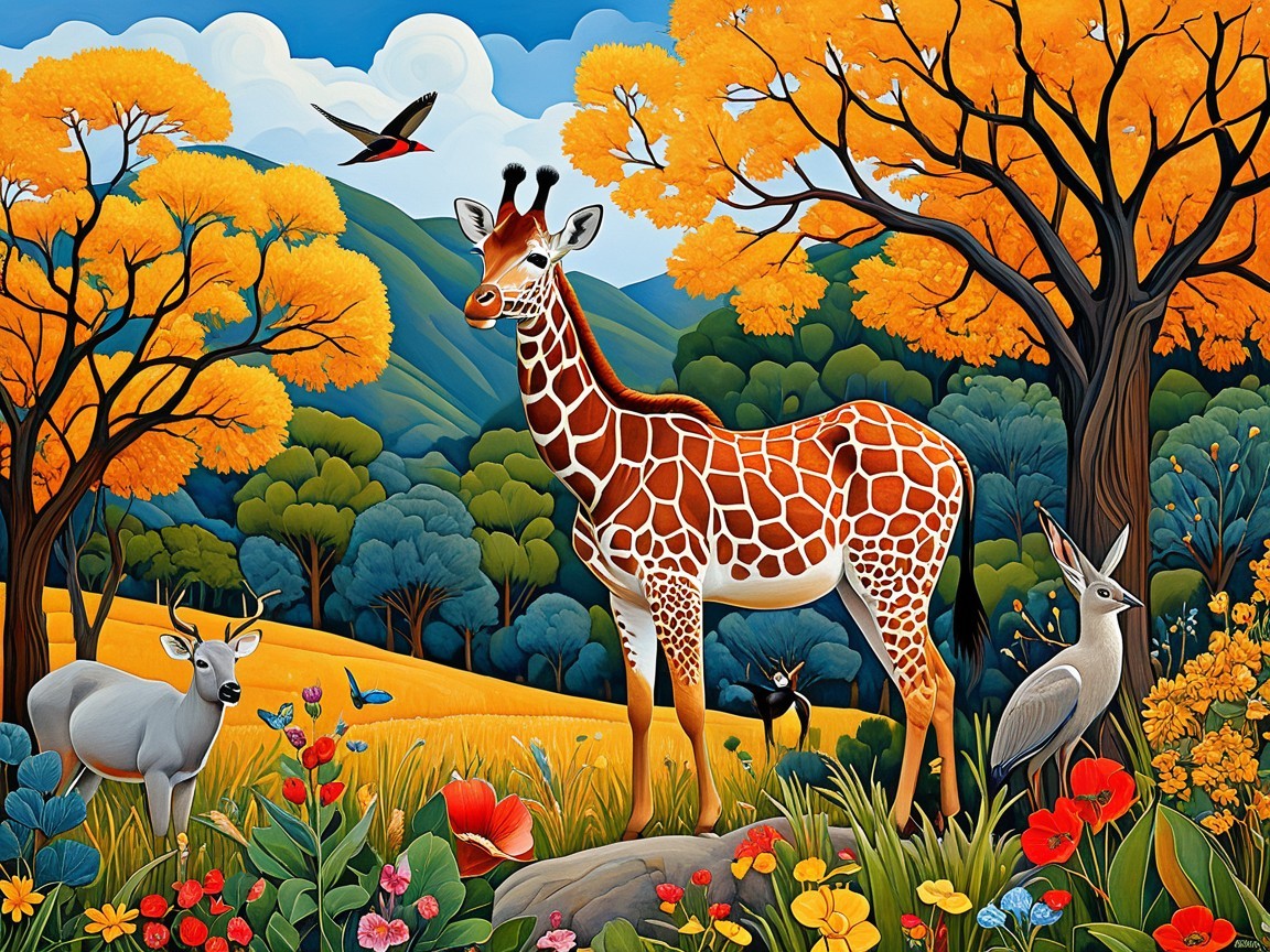 Vibrant Savanna Landscape with Giraffe and Wildlife