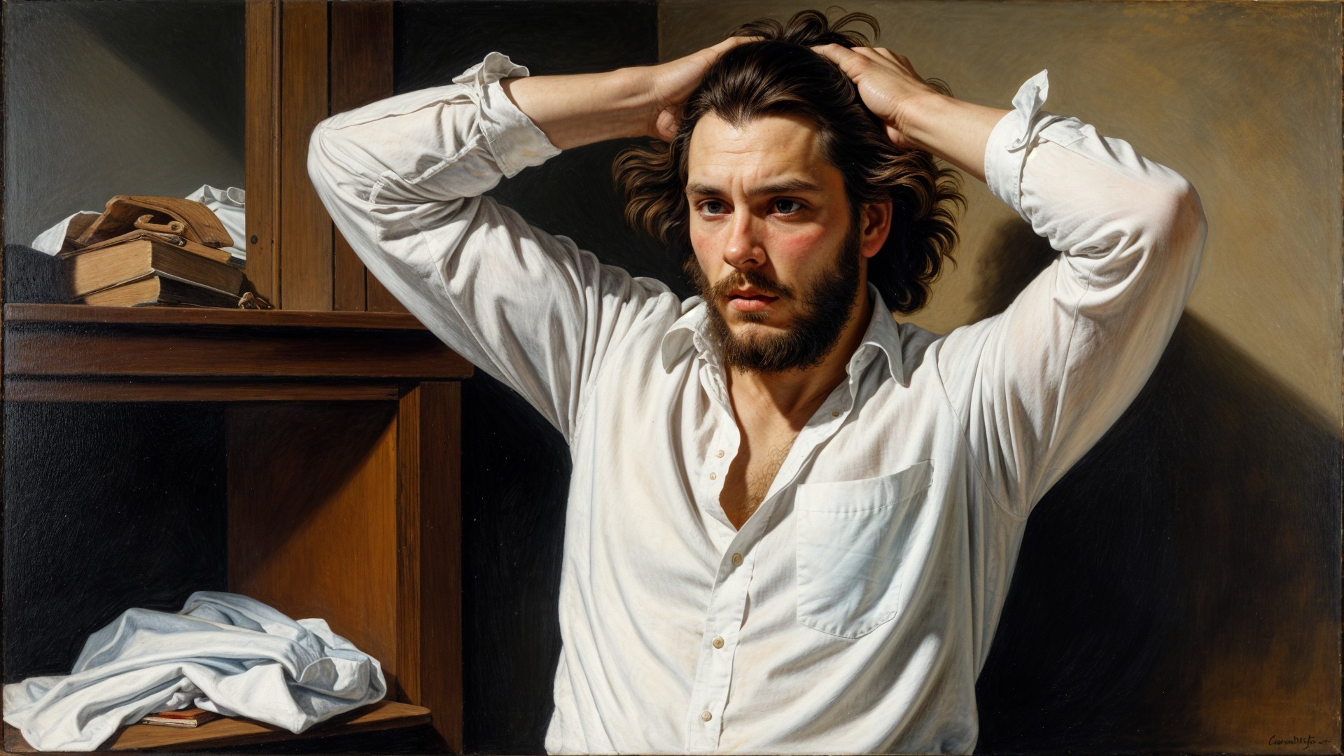Young man in distress in simple interior setting