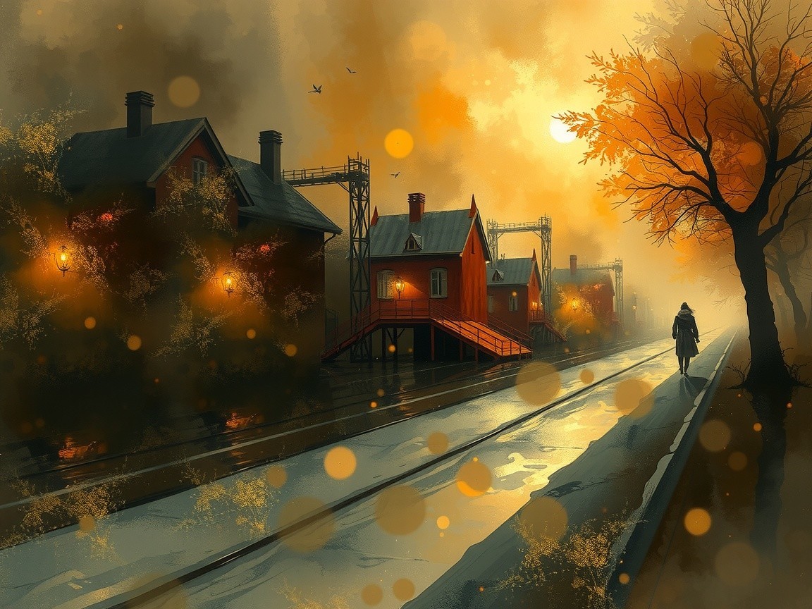 Solitary Figure Walks Along Misty Railway at Sunset