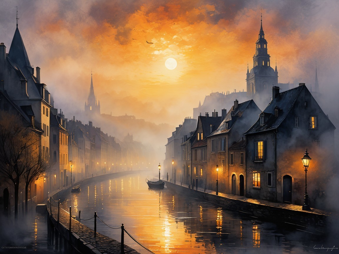 Serene Dawn River Scene with Mist and Warm Lights