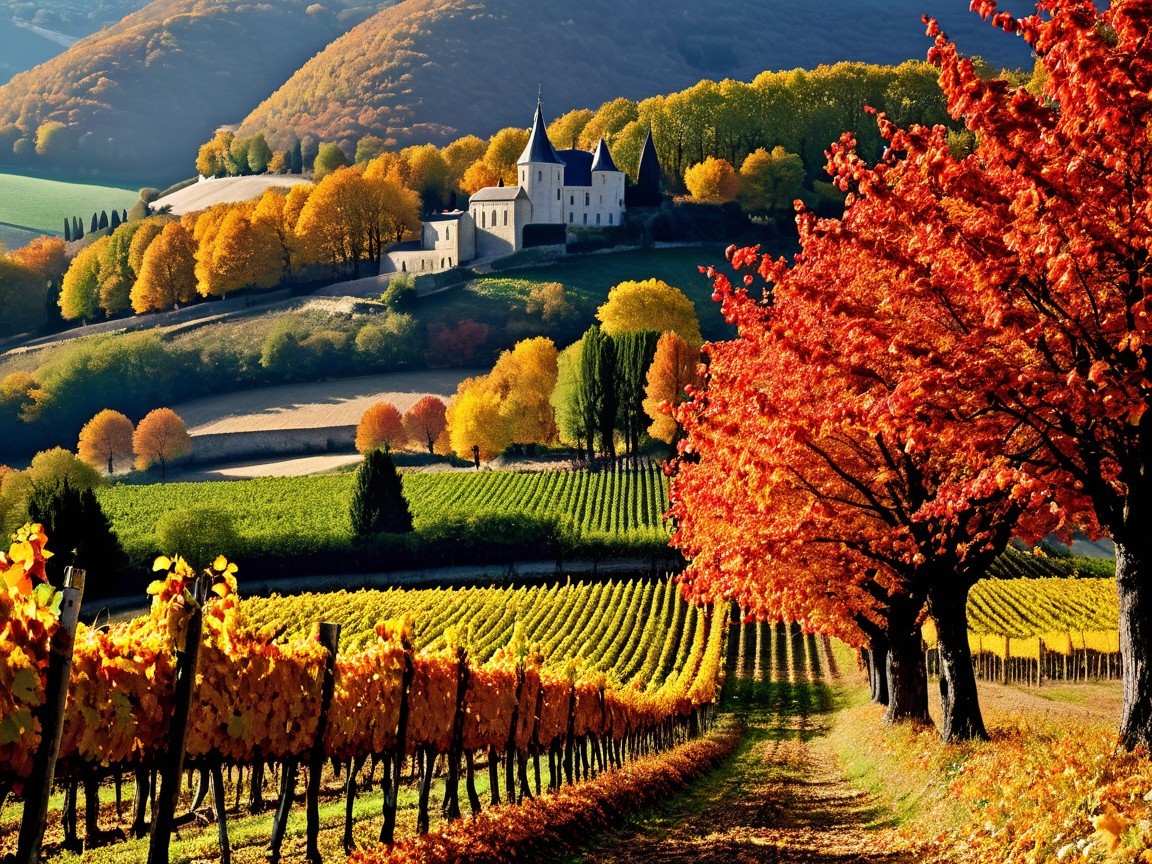 Autumn Landscape with Vineyard and Colorful Foliage