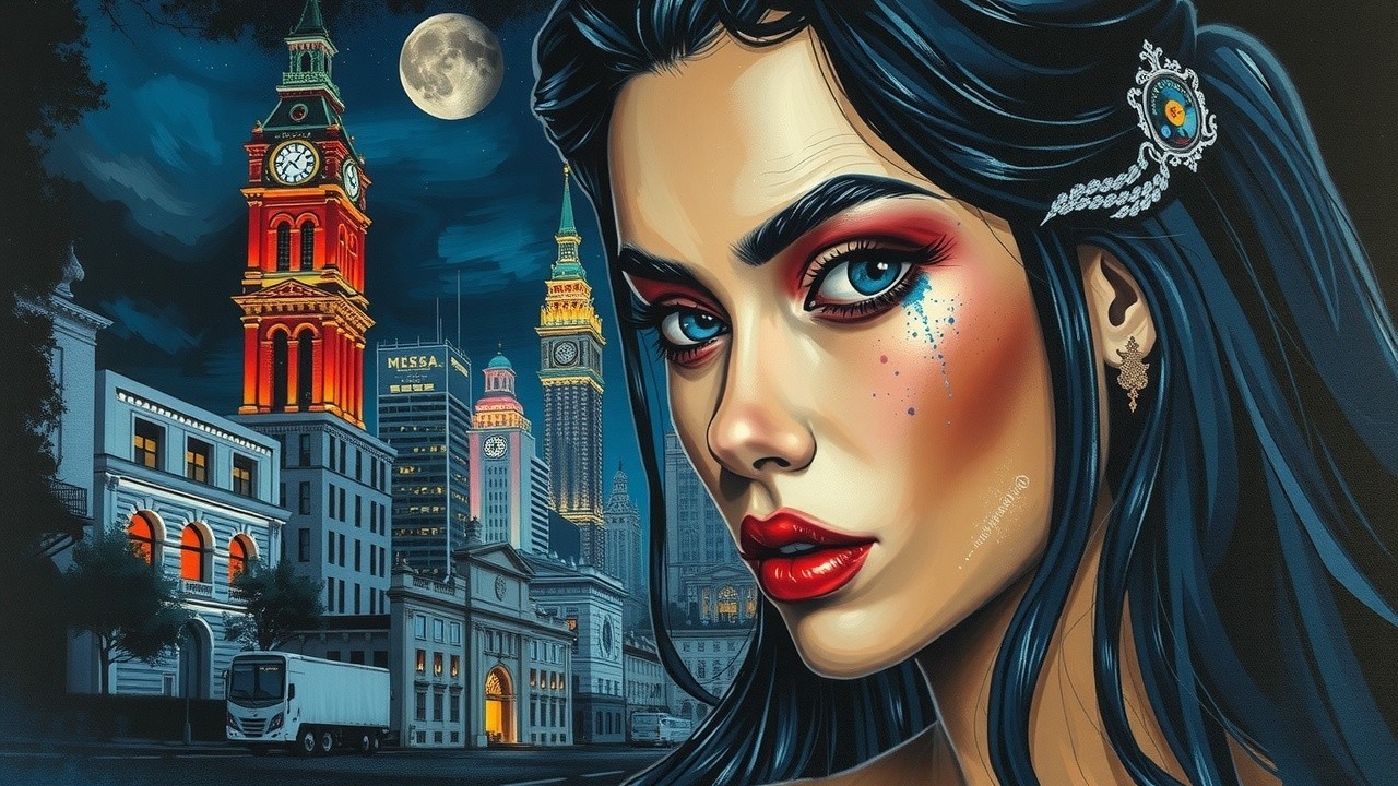 Portrait of a woman with dramatic makeup in a cityscape