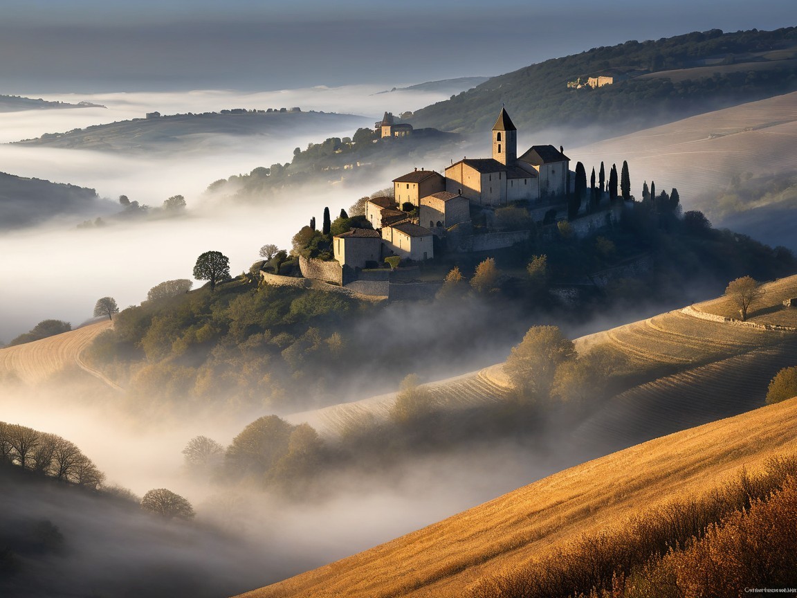 Hillside Village in Misty Morning Landscape
